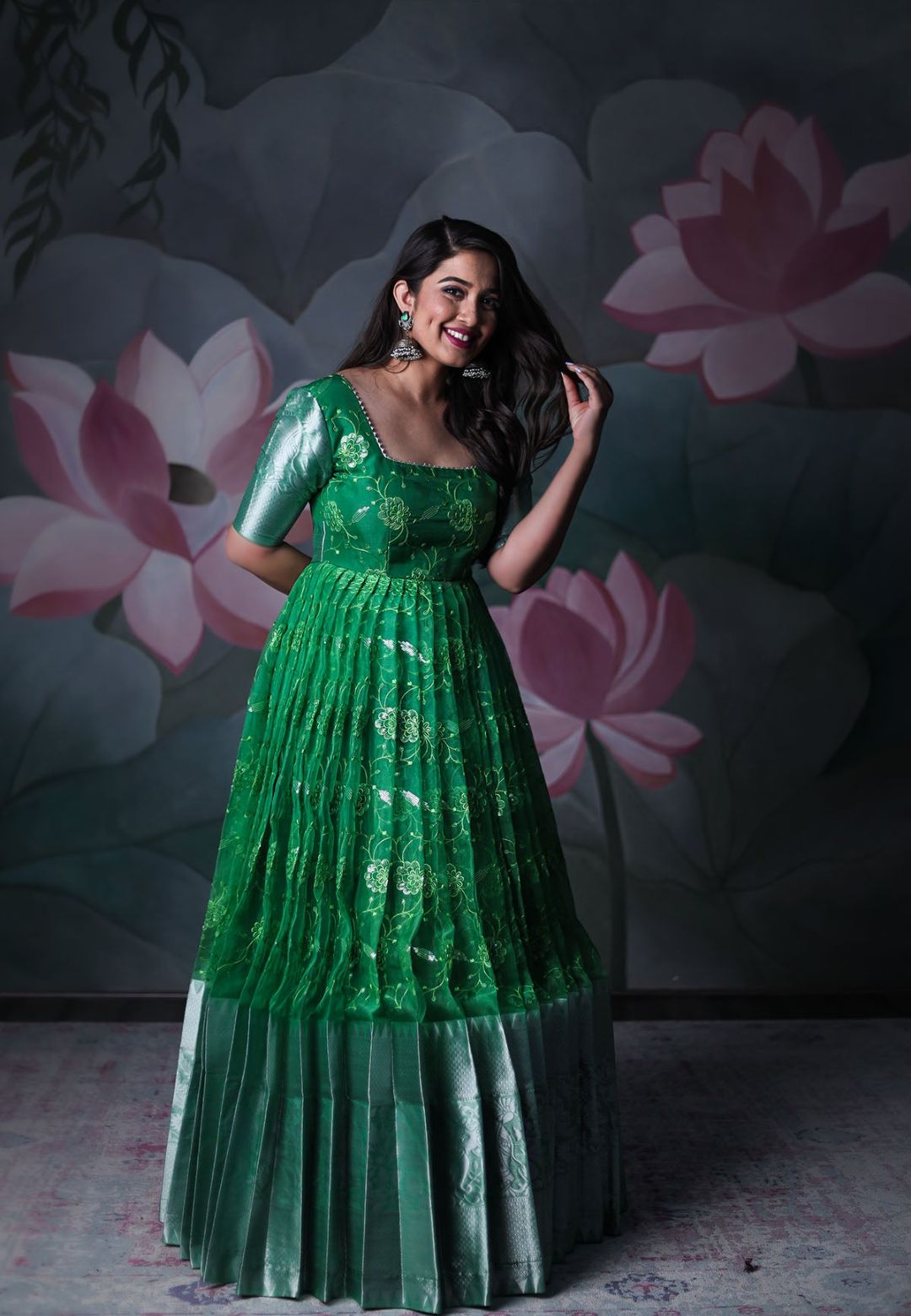 GREEN ORGANZA SEQUIN ANARKALI DRESS