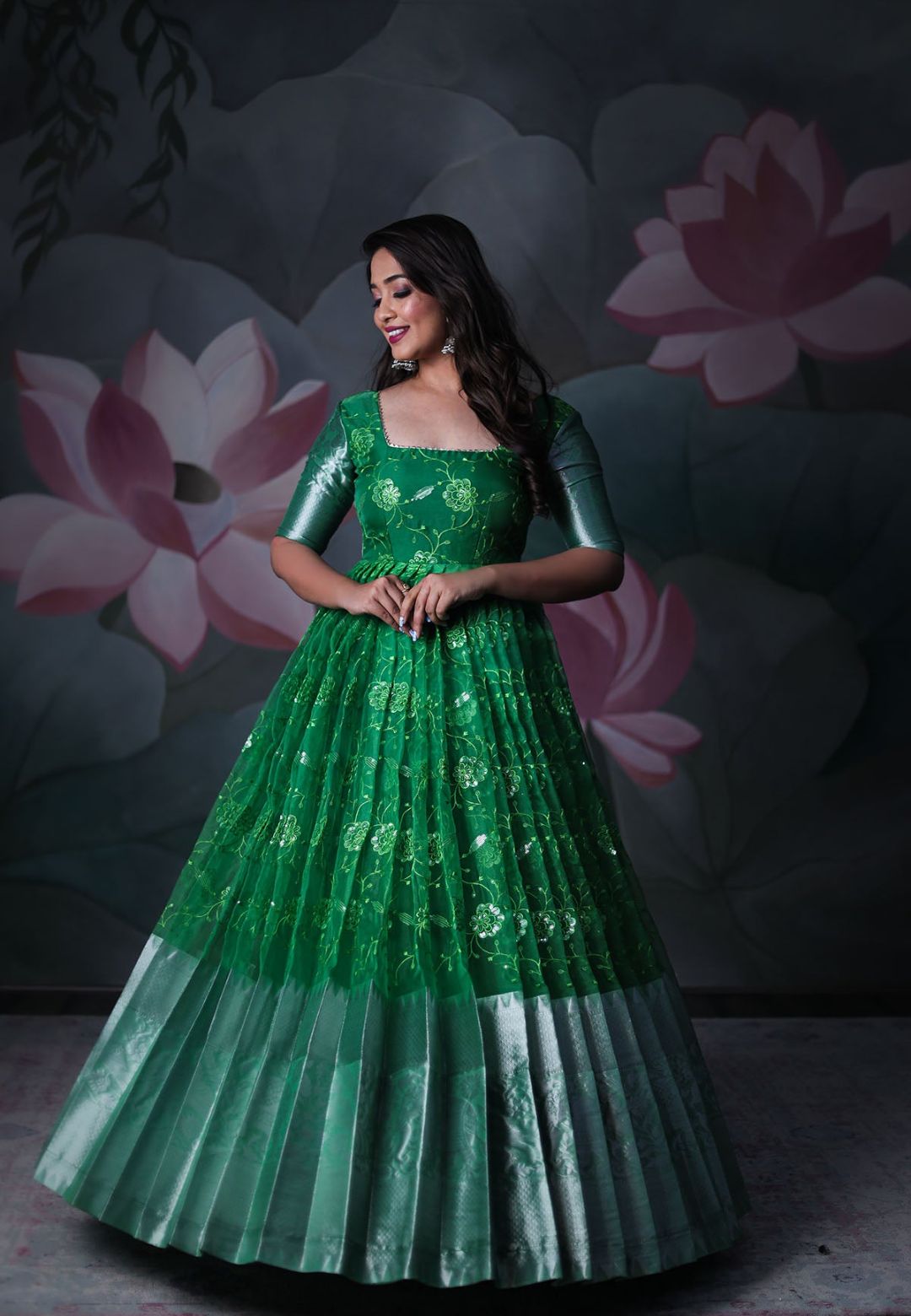 GREEN ORGANZA SEQUIN ANARKALI DRESS