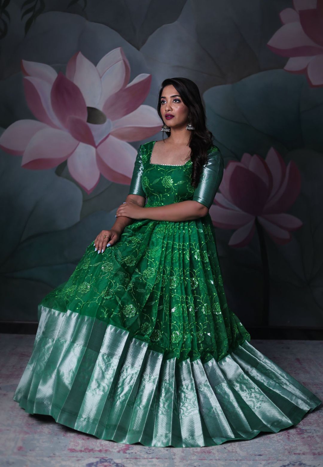 GREEN ORGANZA SEQUIN ANARKALI DRESS