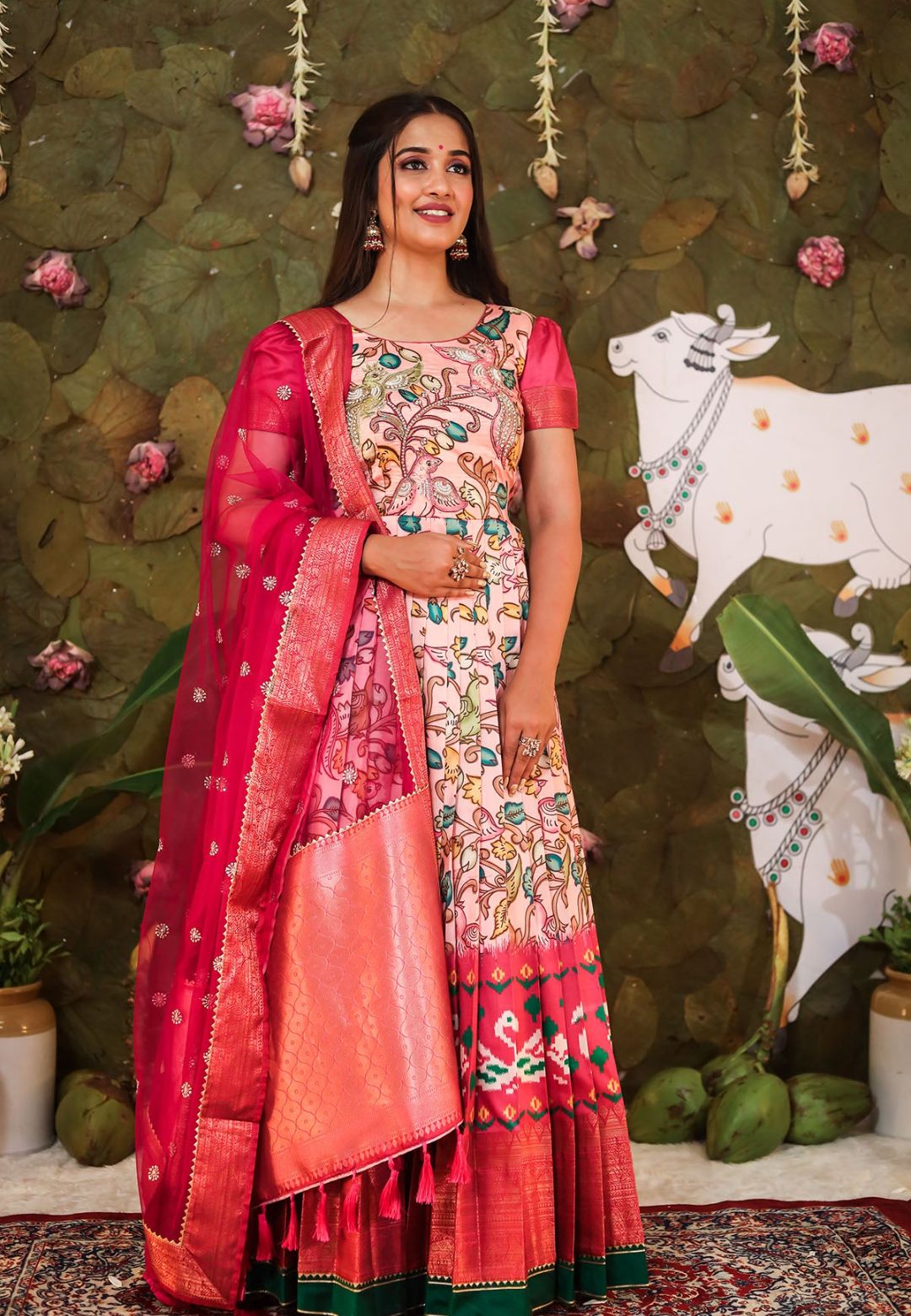 PEACH PINK ART SILK KALAMKARI ANARKALI SET