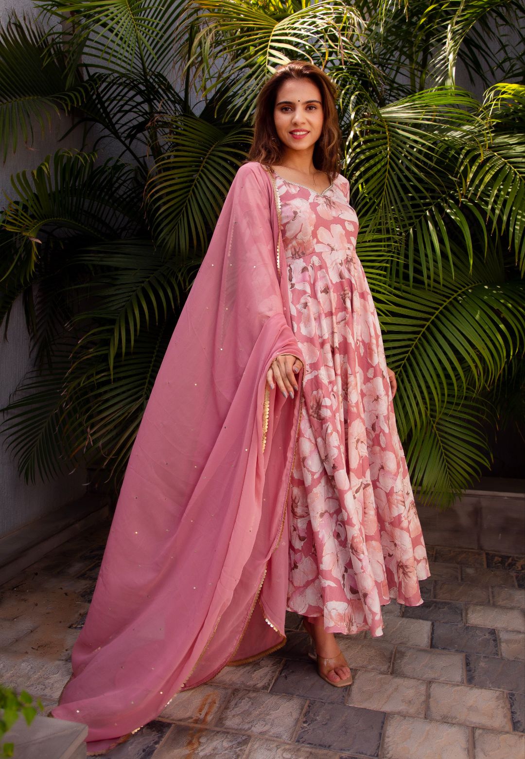 PINK FLORAL CHIFFON ANARKALI SUIT SET