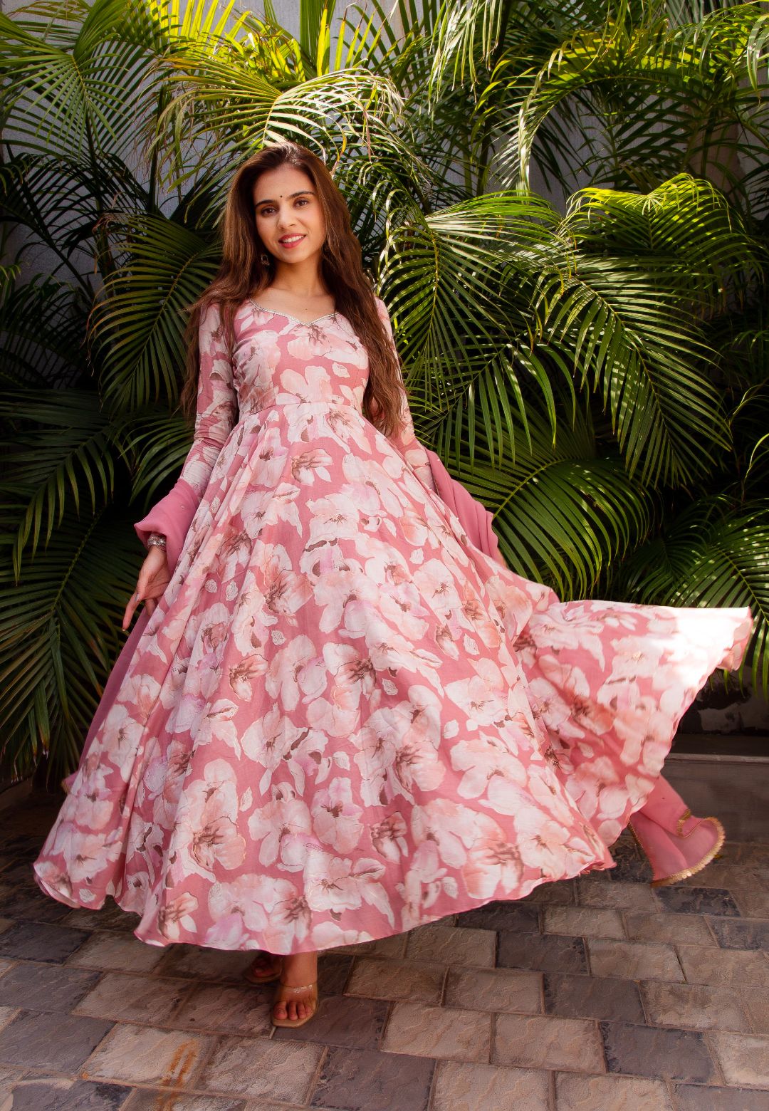 PINK FLORAL CHIFFON ANARKALI SUIT SET
