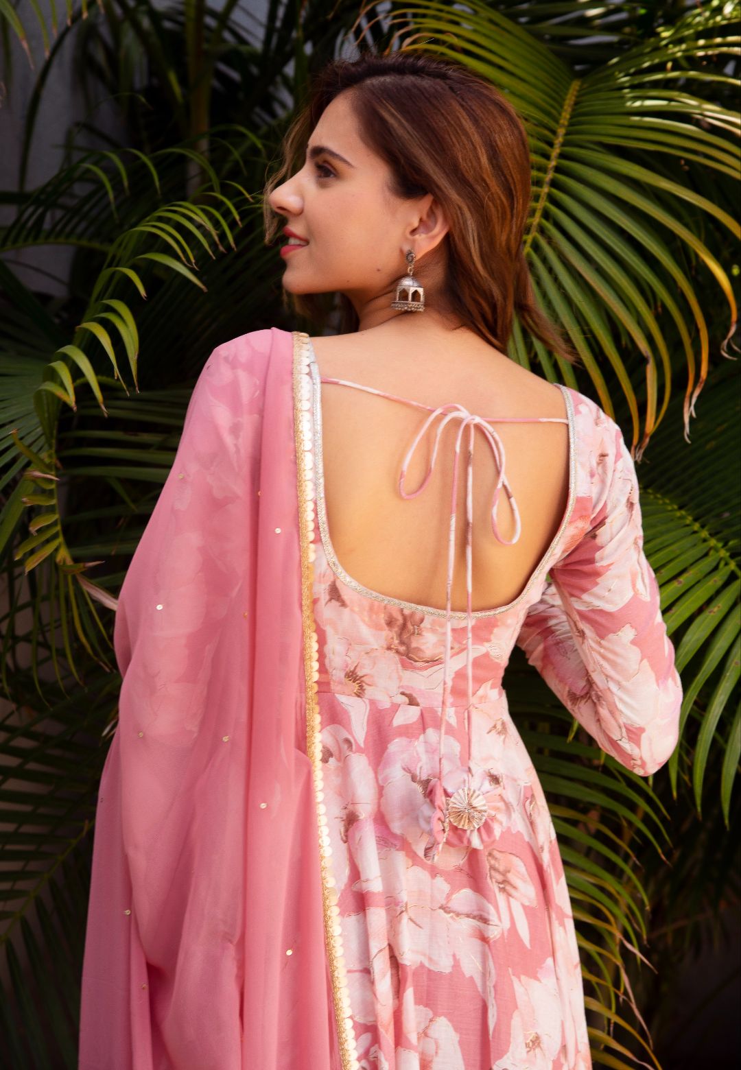 PINK FLORAL CHIFFON ANARKALI SUIT SET