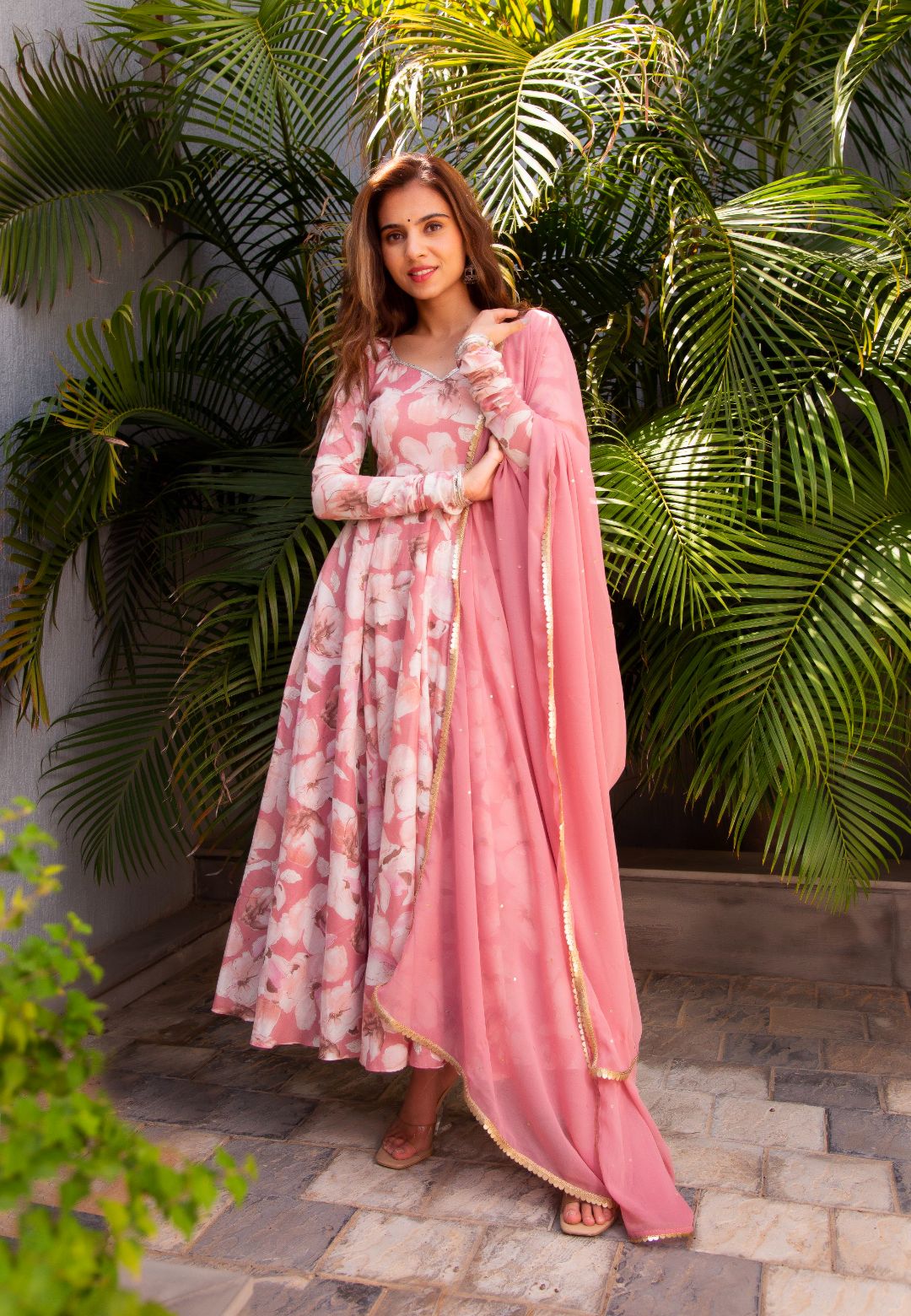 PINK FLORAL CHIFFON ANARKALI SUIT SET