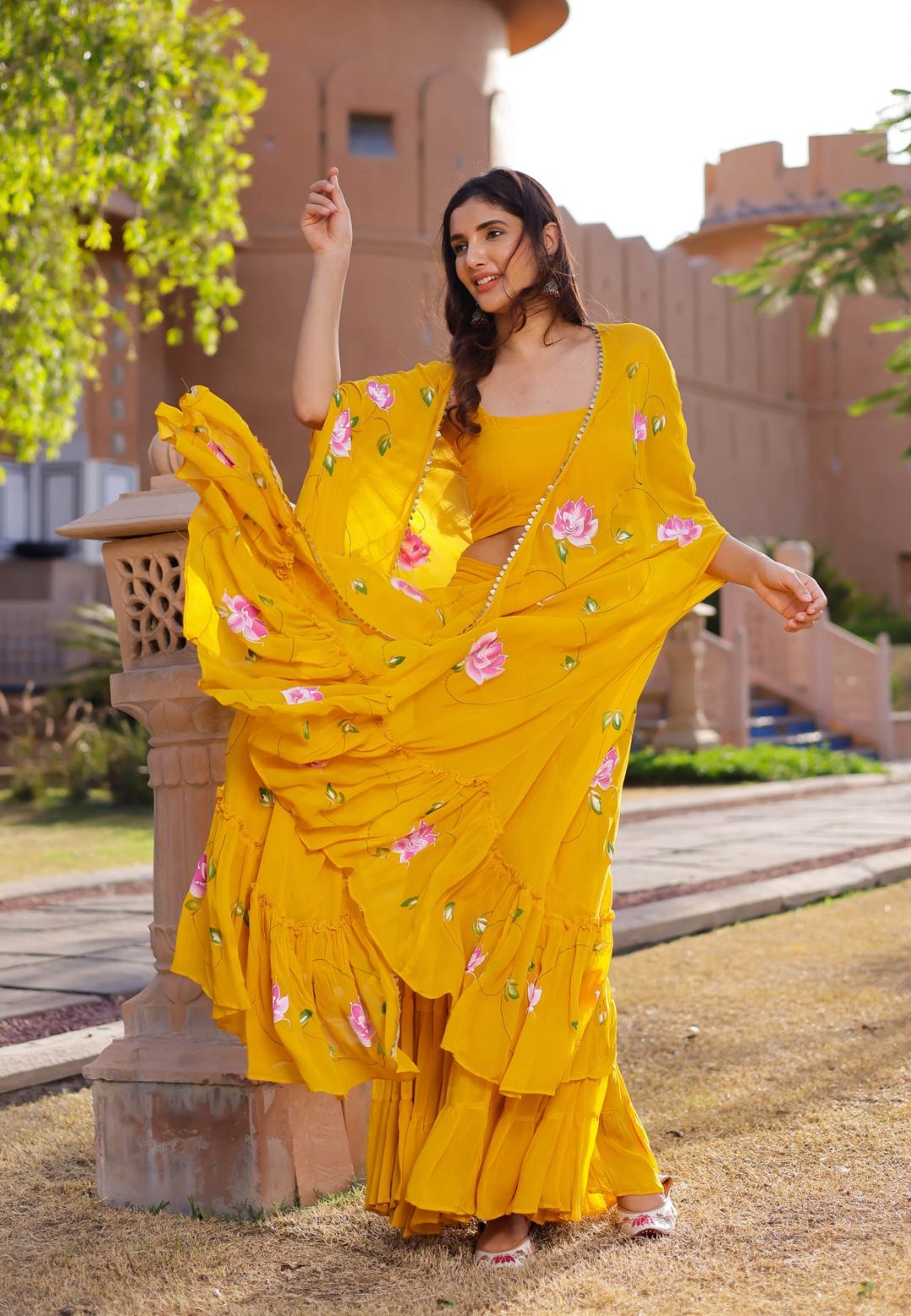 YELLOW KAMLIKA HANDPAINTED GEORGETTE CAPE SHARARA SET