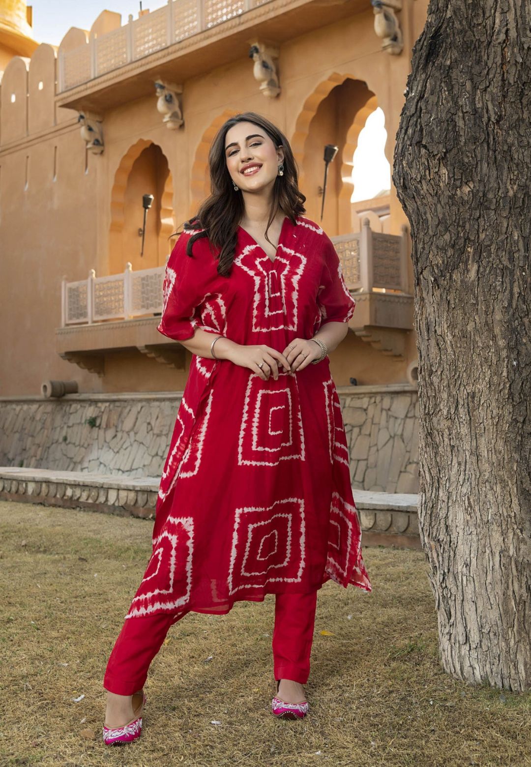 RED MABEL SILK TIE & DYE KURTA SET