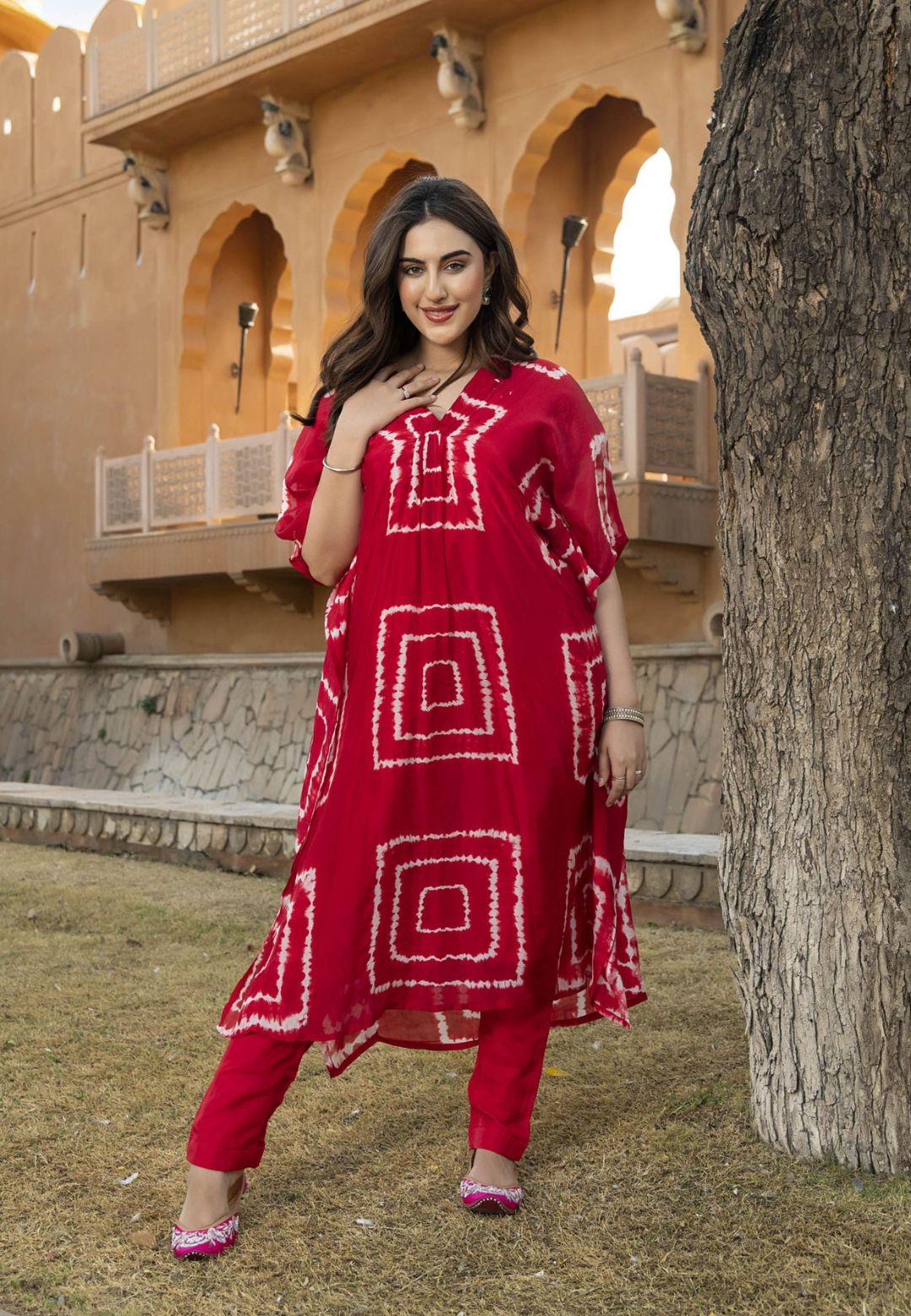 RED MABEL SILK TIE & DYE KURTA SET