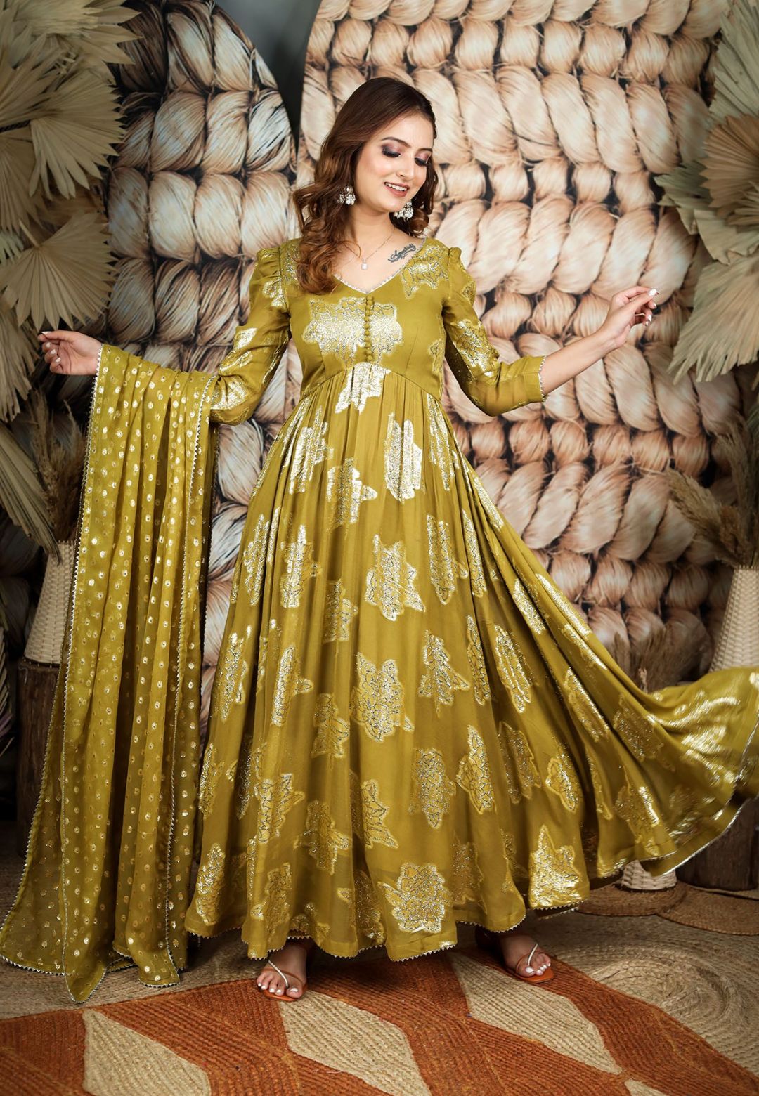OLIVE GREEN GEORGETTE JACQUARD ANARKALI SET