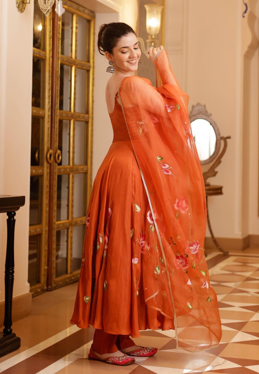 RUST ORANGE RIHA HANDPAINTED SATIN SUIT SET