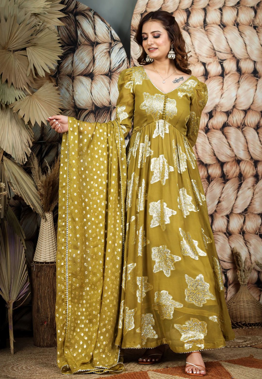 OLIVE GREEN GEORGETTE JACQUARD ANARKALI SET