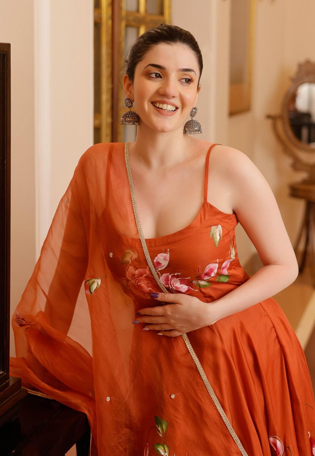 RUST ORANGE RIHA HANDPAINTED SATIN SUIT SET