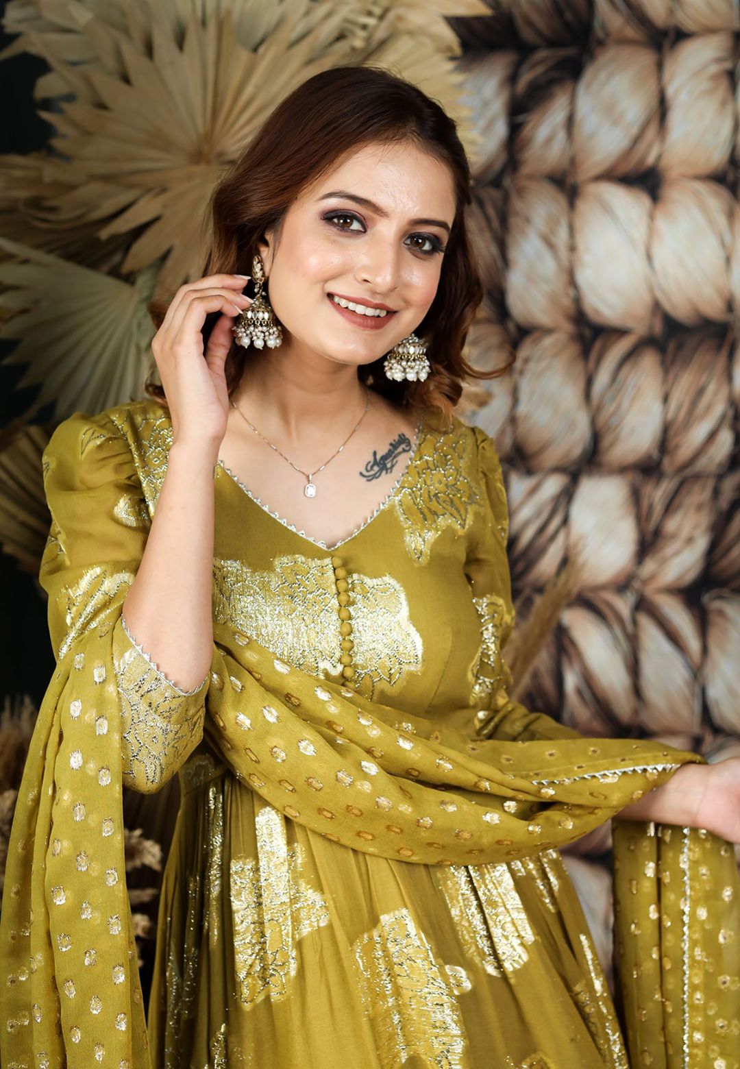 OLIVE GREEN GEORGETTE JACQUARD ANARKALI SET