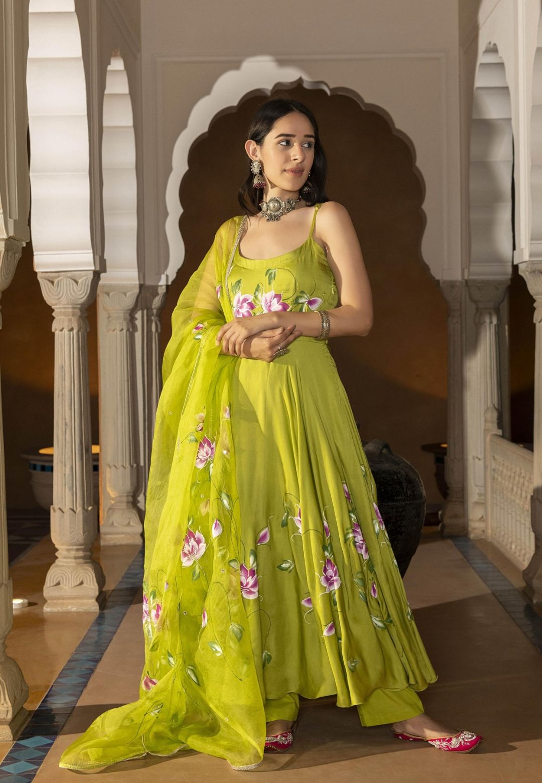 GREEN SANNA HANDPAINTED SATIN SUIT SET