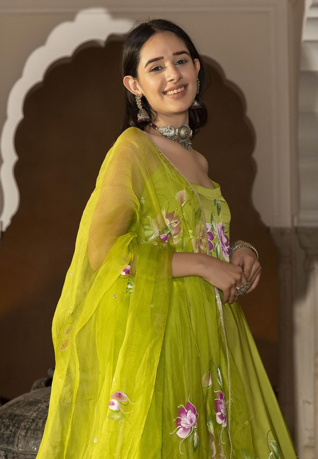 GREEN SANNA HANDPAINTED SATIN SUIT SET