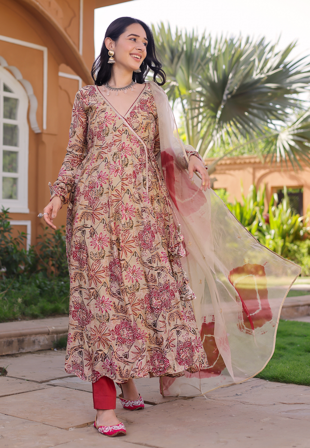 BEIGE REVATI CHANDERI ANGRAKHA SUIT SET