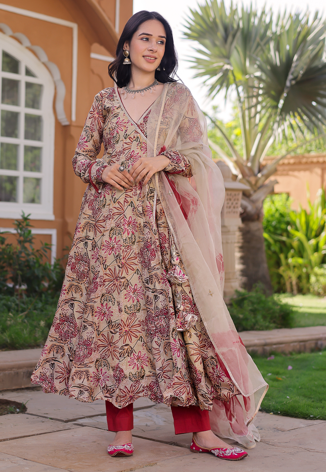 BEIGE REVATI CHANDERI ANGRAKHA SUIT SET