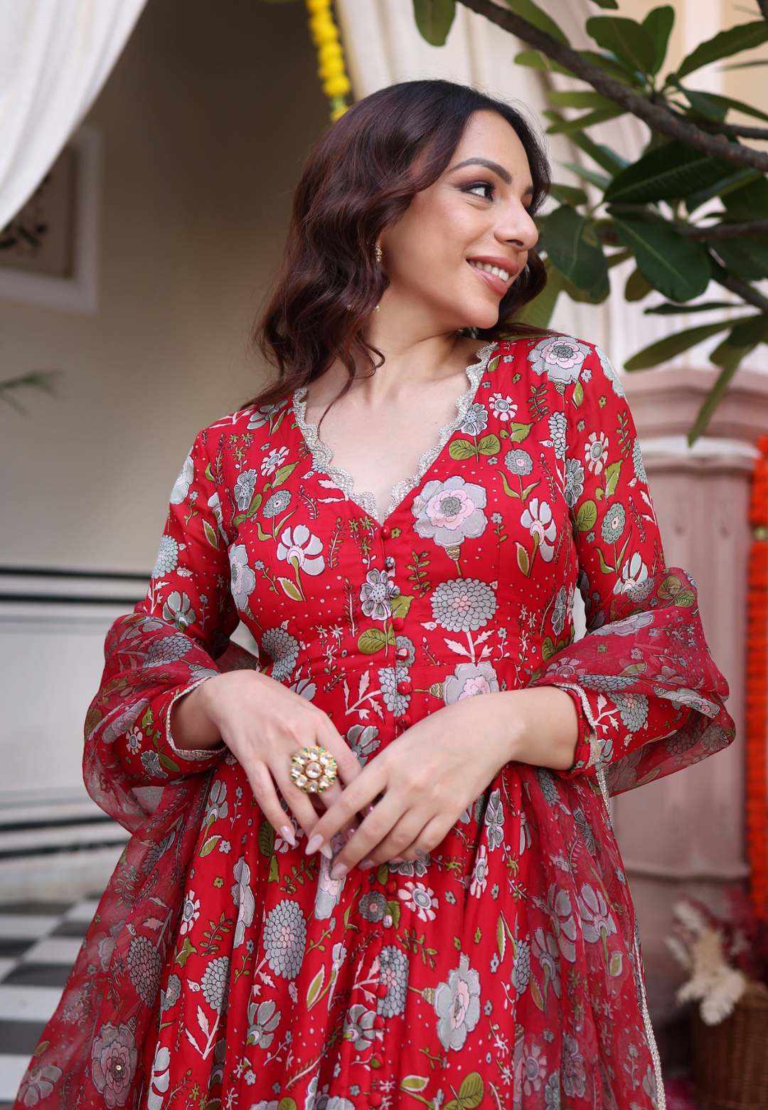 RED DAHLIA CHINON SUIT SET