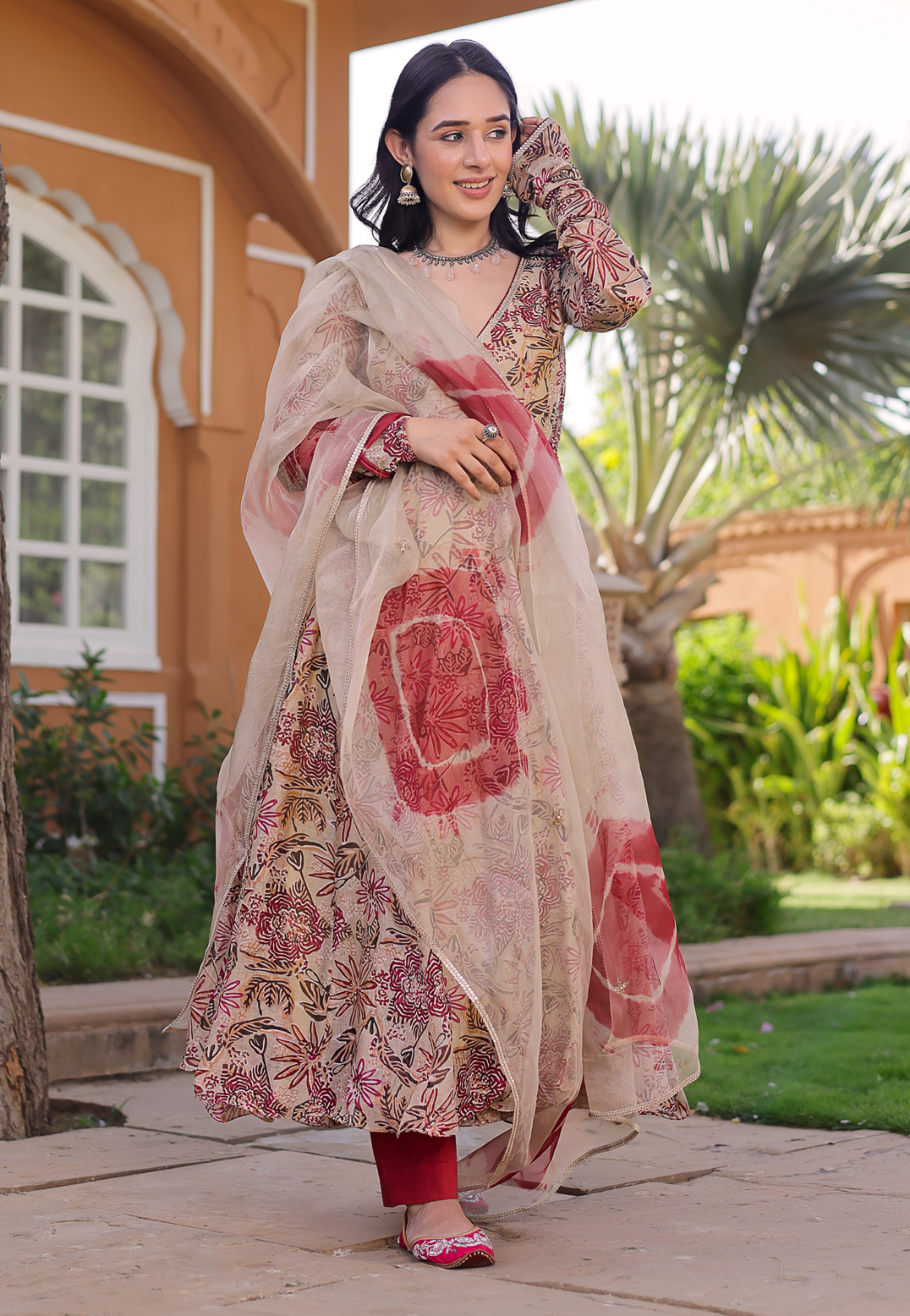 BEIGE REVATI CHANDERI ANGRAKHA SUIT SET