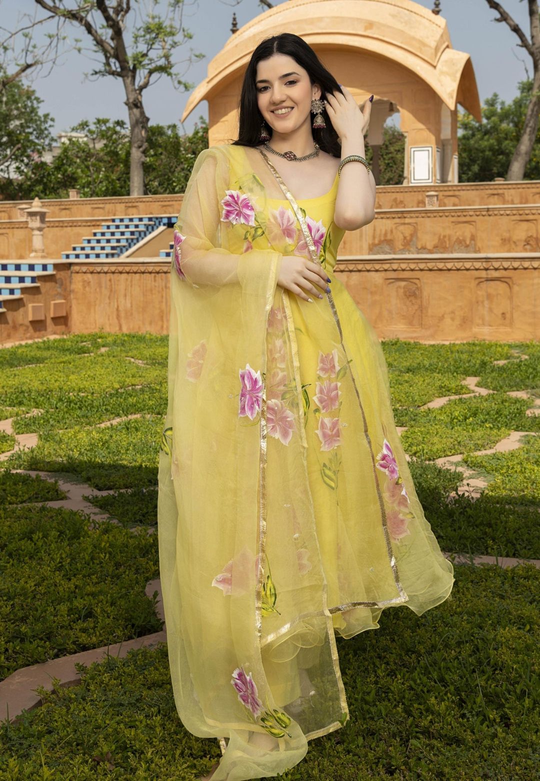 YELLOW AHYANA HANDPAINTED ORGANZA SUIT SET