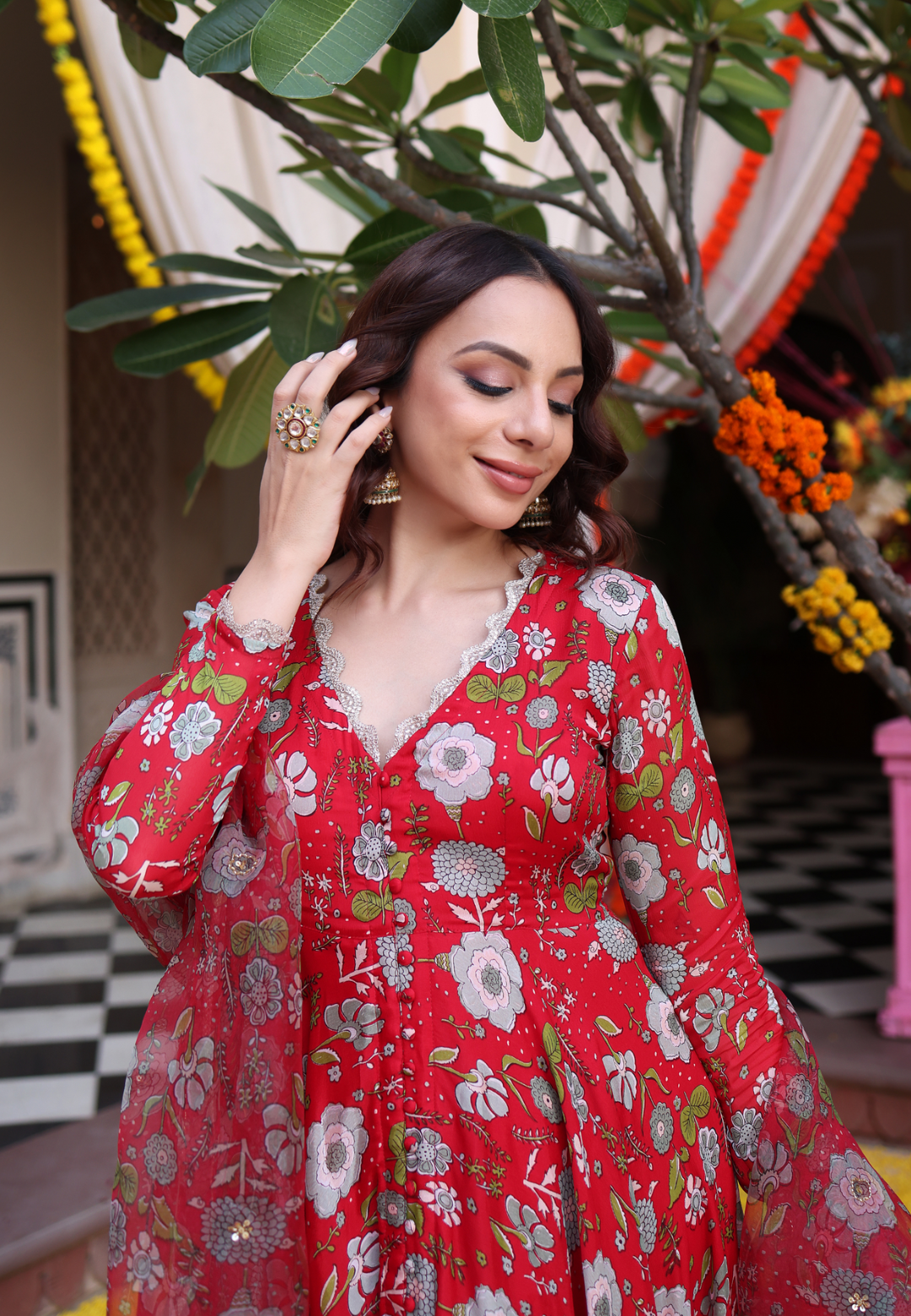 RED DAHLIA CHINON SUIT SET