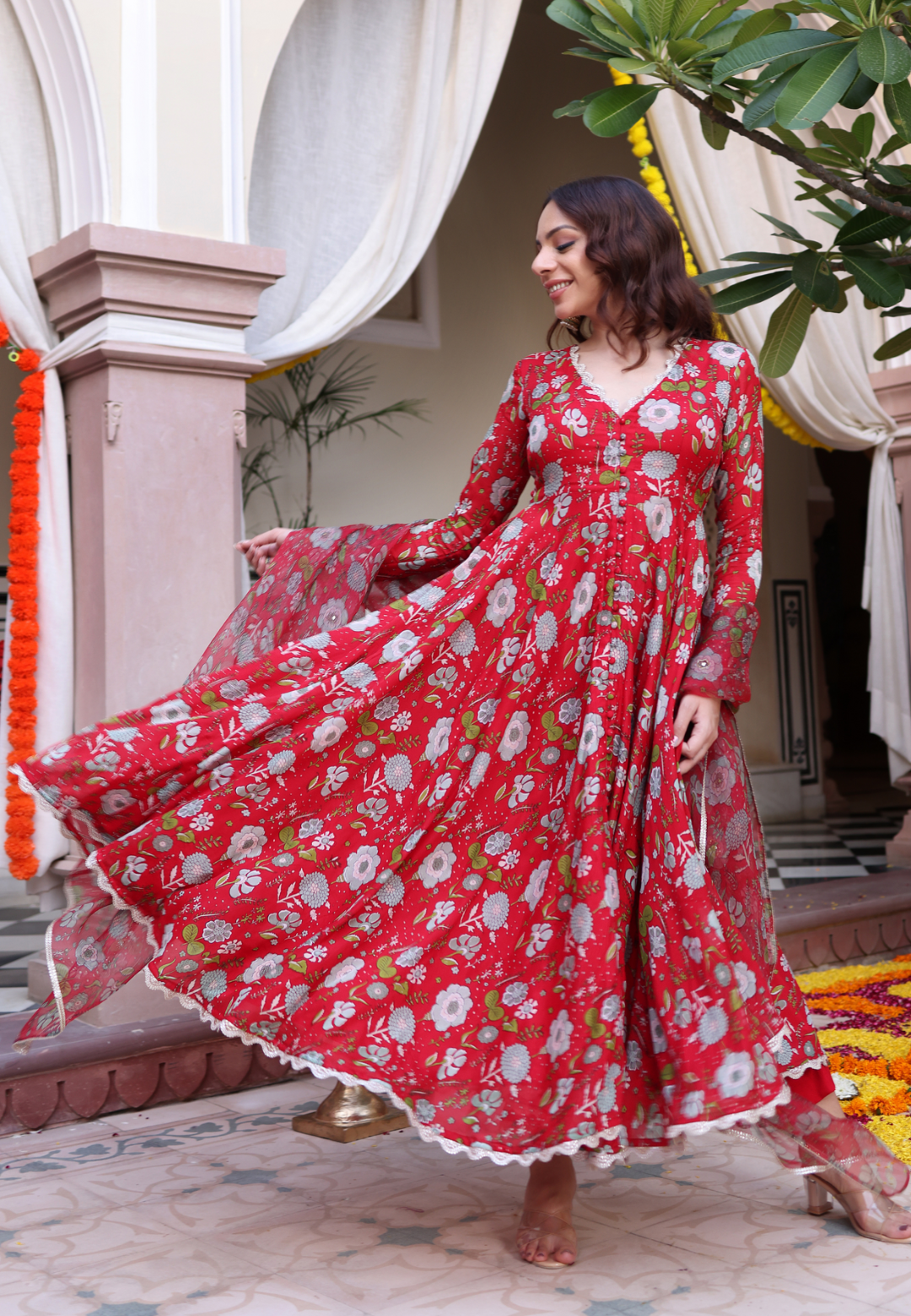 RED DAHLIA CHINON SUIT SET