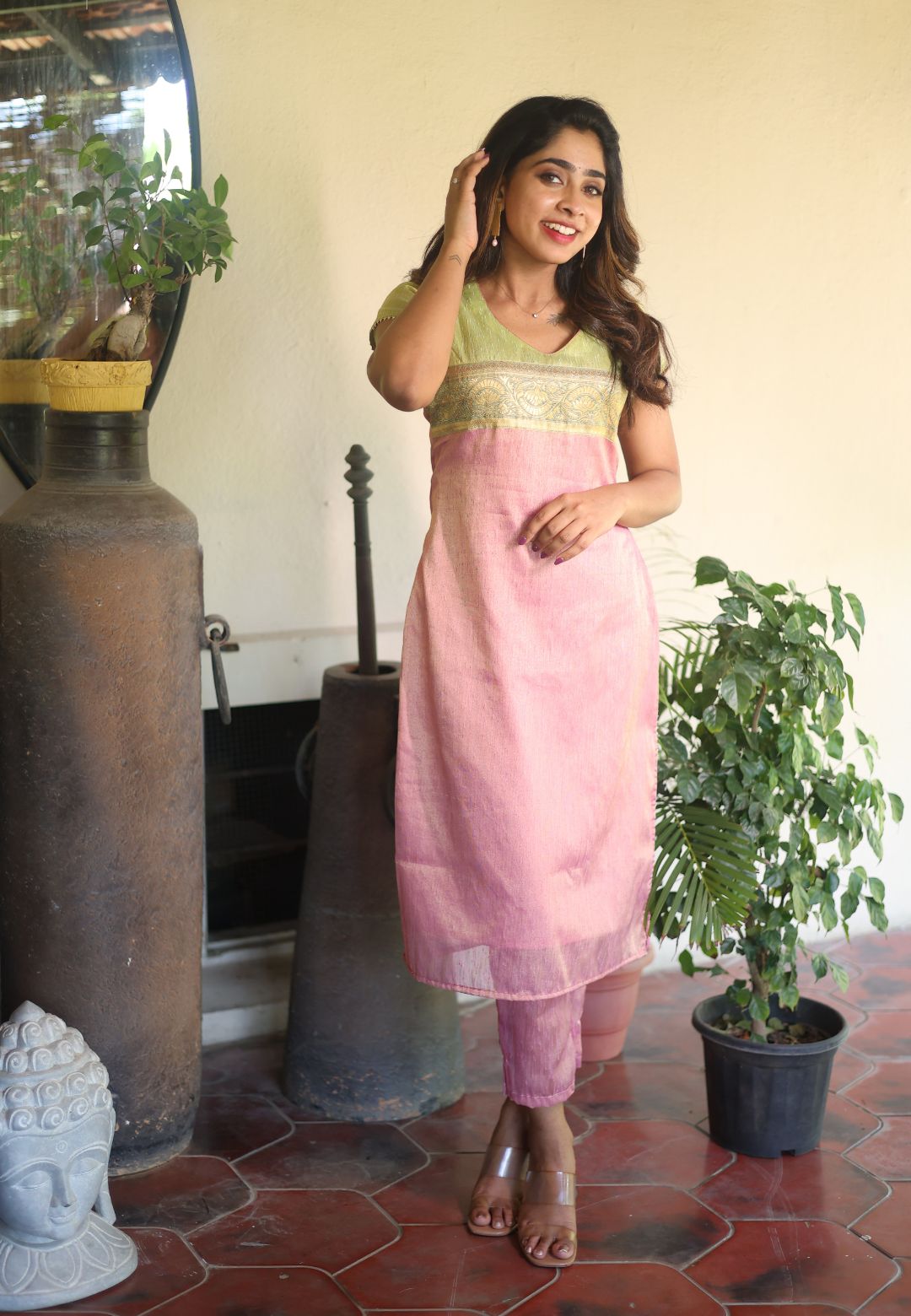 PINK GREEN NIDHI KHADDI SILK KURTA SET