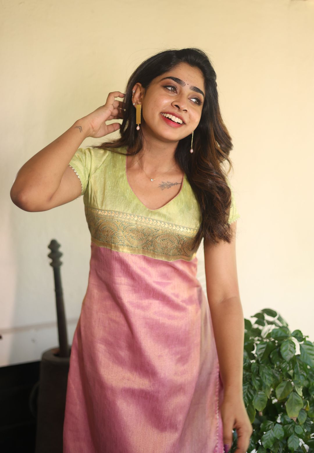 PINK GREEN NIDHI KHADDI SILK KURTA SET