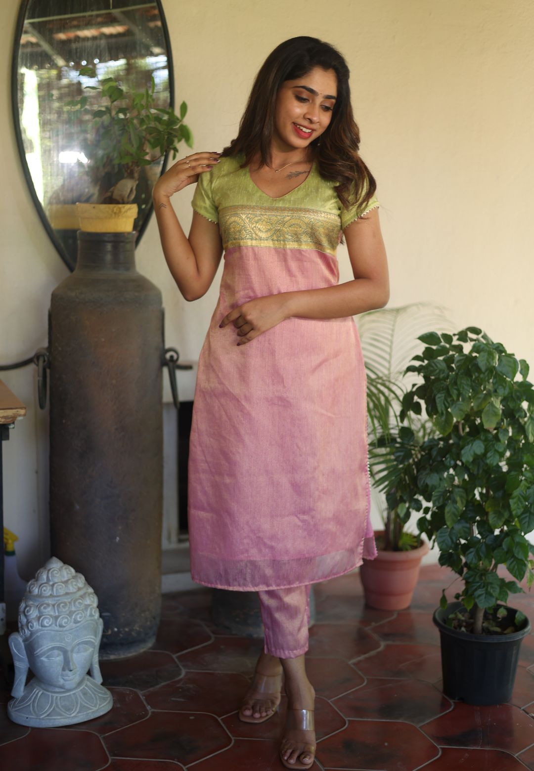 PINK GREEN NIDHI KHADDI SILK KURTA SET