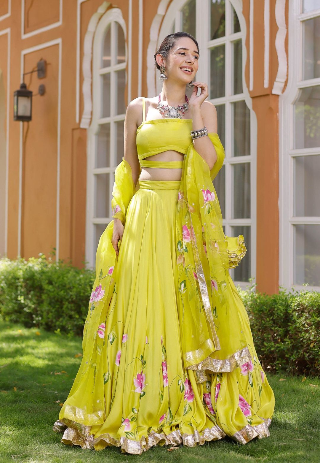 LIME YELLOW KALEENA HANDPAINTED SATIN LEHENGA SET