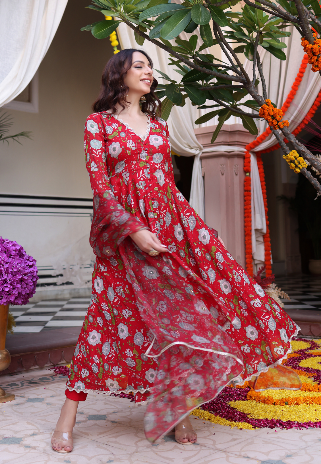 RED DAHLIA CHINON SUIT SET