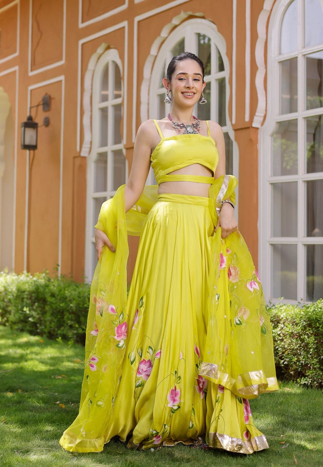 LIME YELLOW KALEENA HANDPAINTED SATIN LEHENGA SET