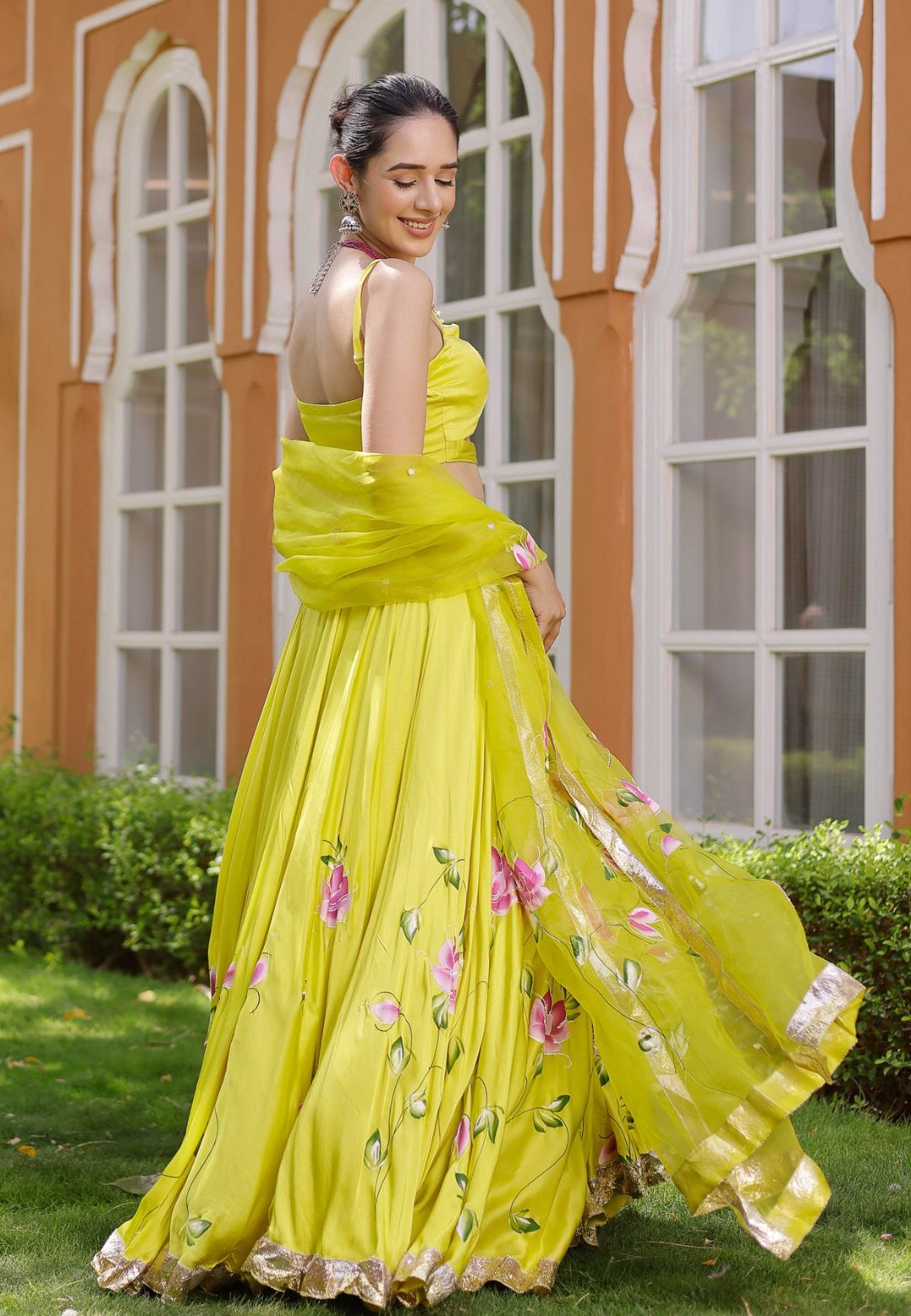 LIME YELLOW KALEENA HANDPAINTED SATIN LEHENGA SET