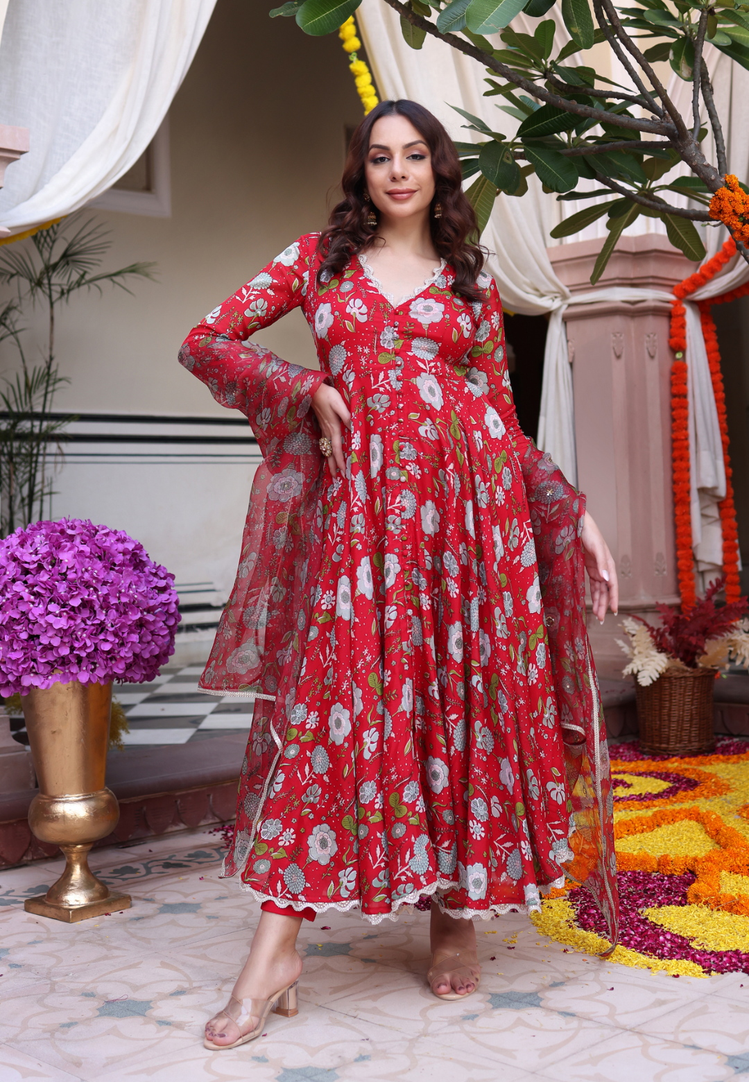RED DAHLIA CHINON SUIT SET