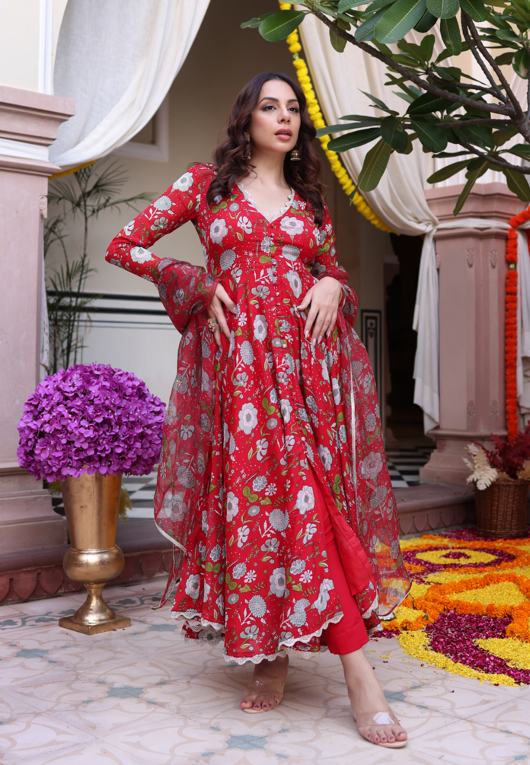 RED DAHLIA CHINON SUIT SET