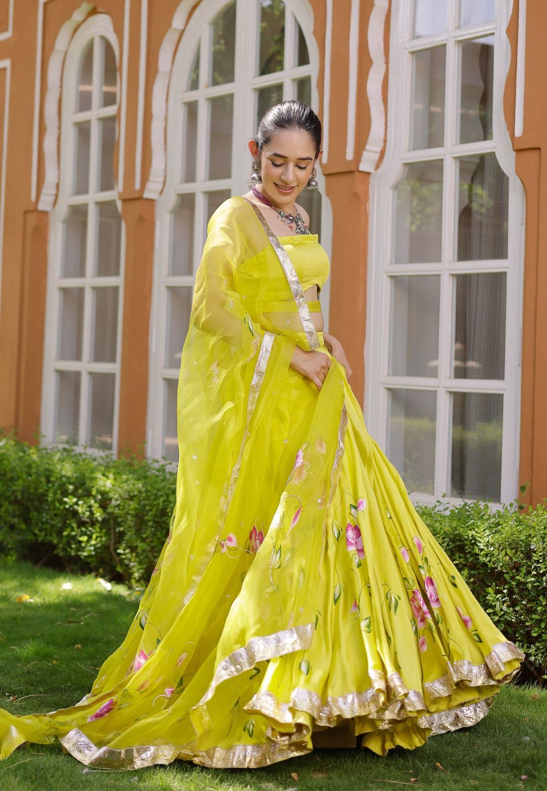 LIME YELLOW KALEENA HANDPAINTED SATIN LEHENGA SET
