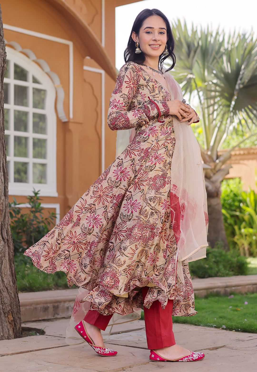 BEIGE REVATI CHANDERI ANGRAKHA SUIT SET