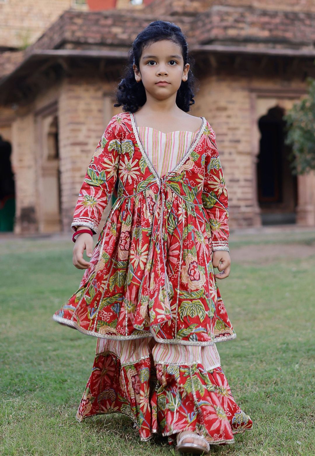 RED NIXI HANDBLOCK COTTON SHARARA SET