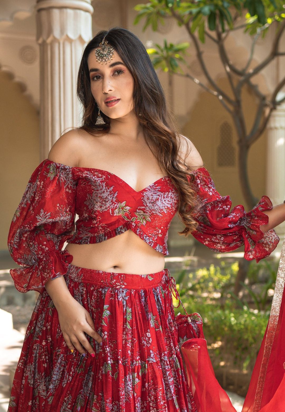 RED MAAHINA CHANDERI LEHENGA SET