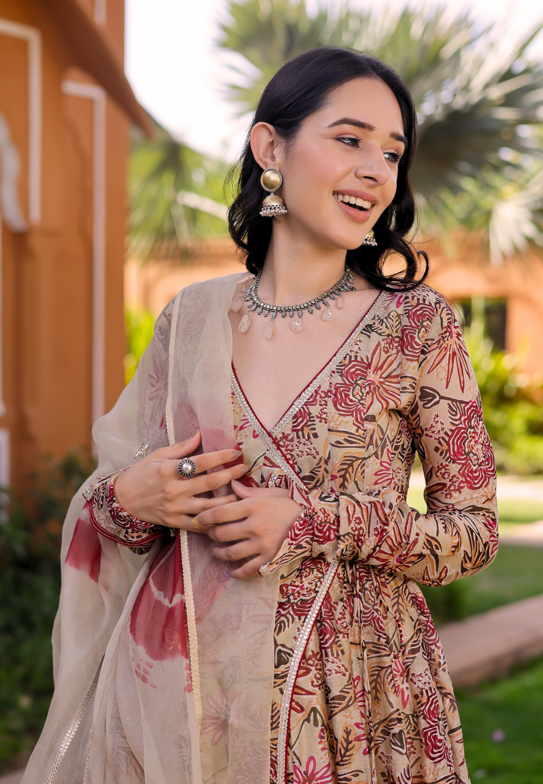 BEIGE REVATI CHANDERI ANGRAKHA SUIT SET