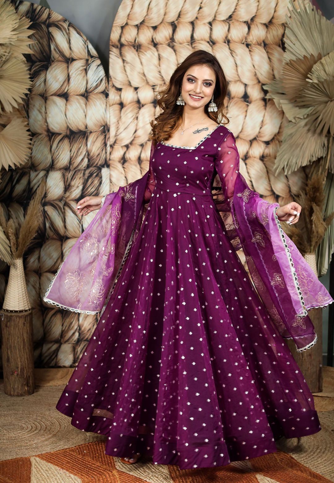 PURPLE ORGANZA MIRROR WORK ANARKALI SET