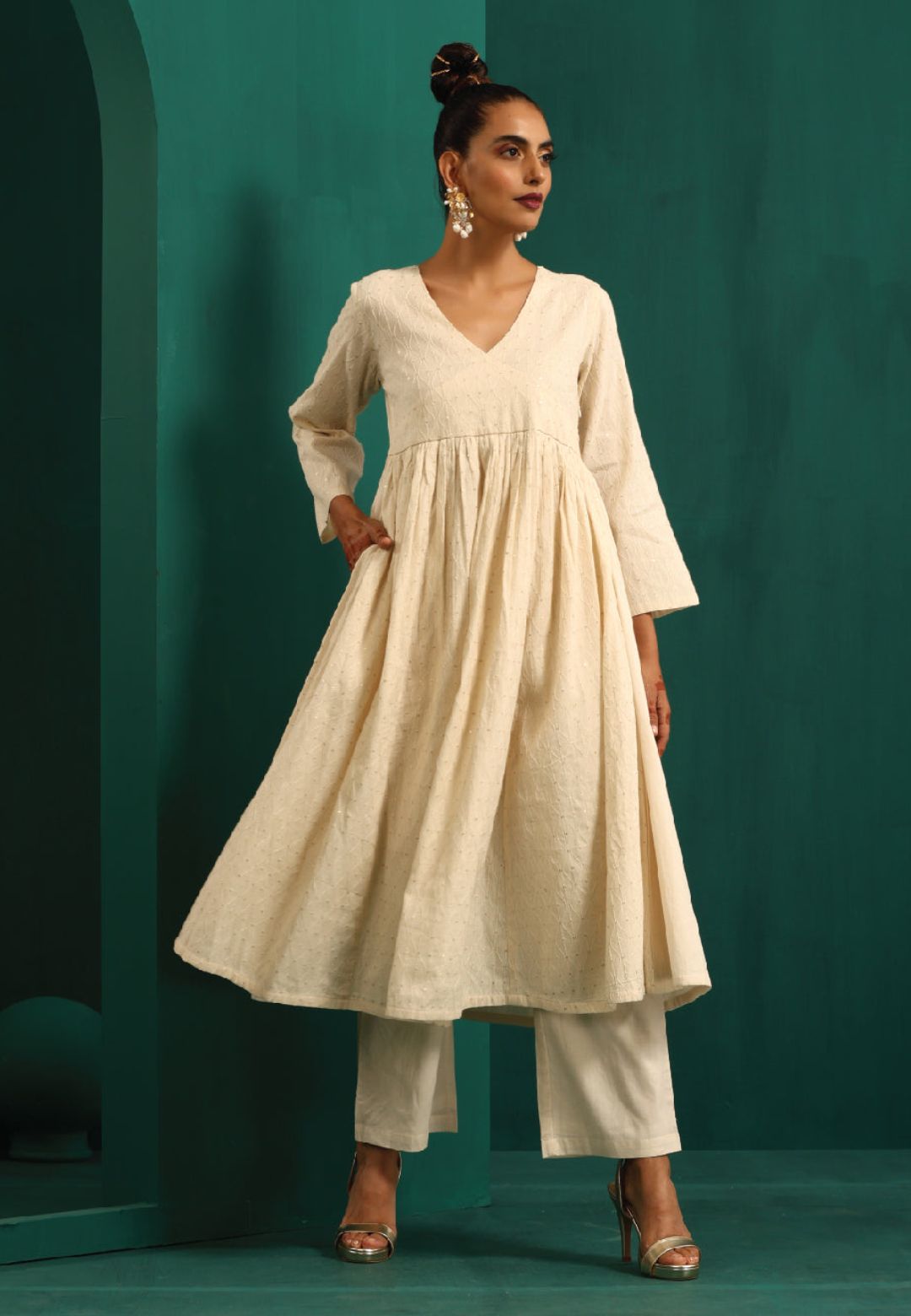 IVORY COTTON FLARED ANARKALI KURTA SET