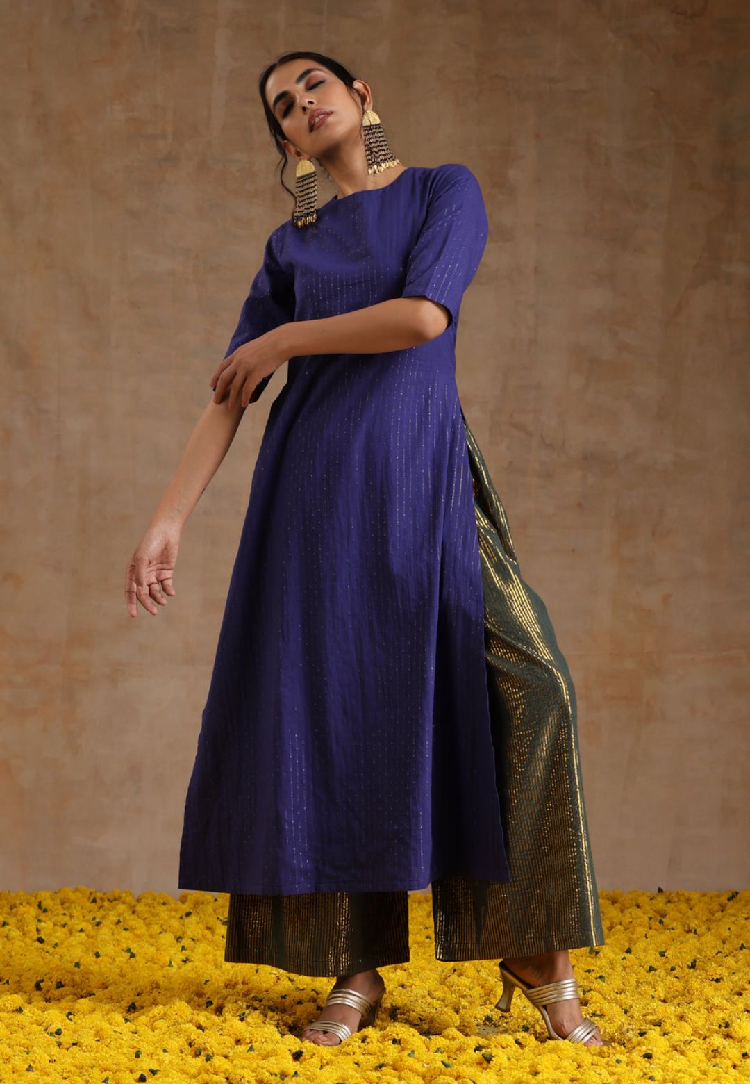 BLUE GOLD COTTON HIGH SLIT KURTA SET