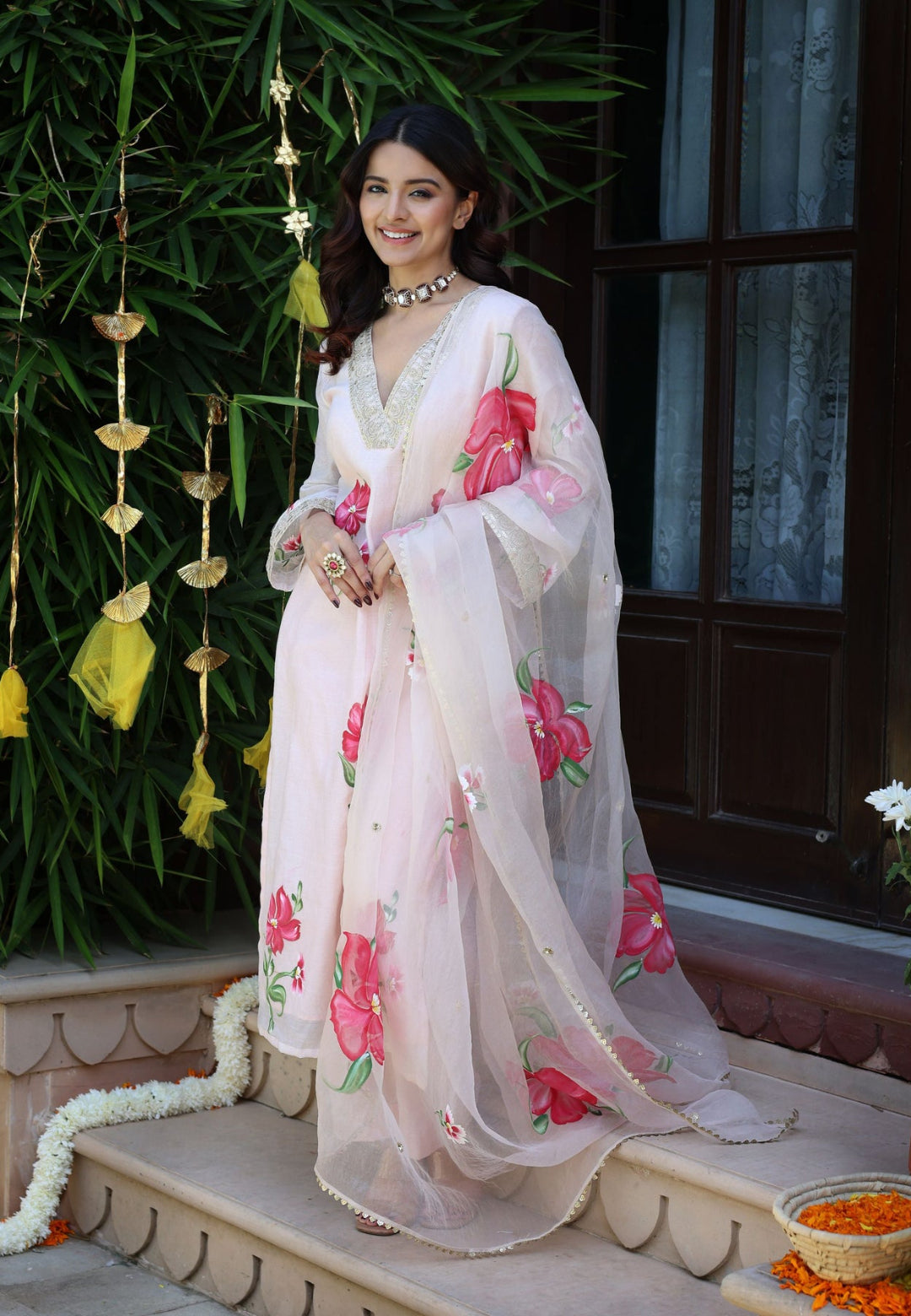 PEACH PINK HANDPAINTED CHANDERI SUIT SET