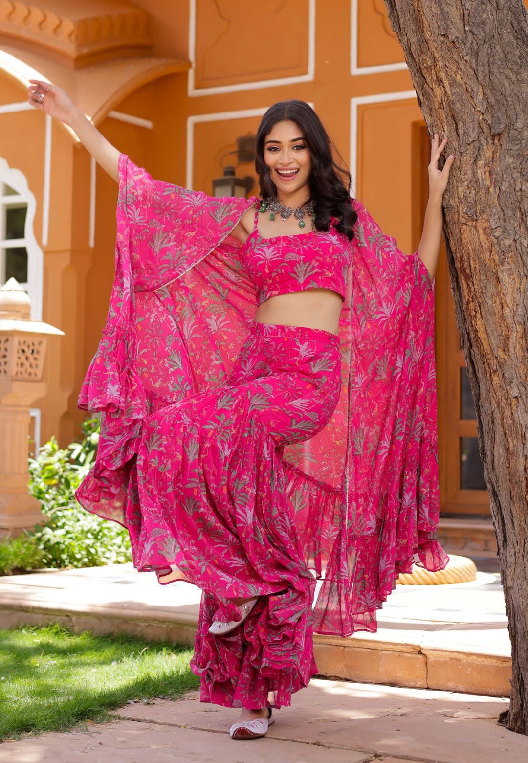 PINK PREET GEORGETTE CAPE SHARARA SET