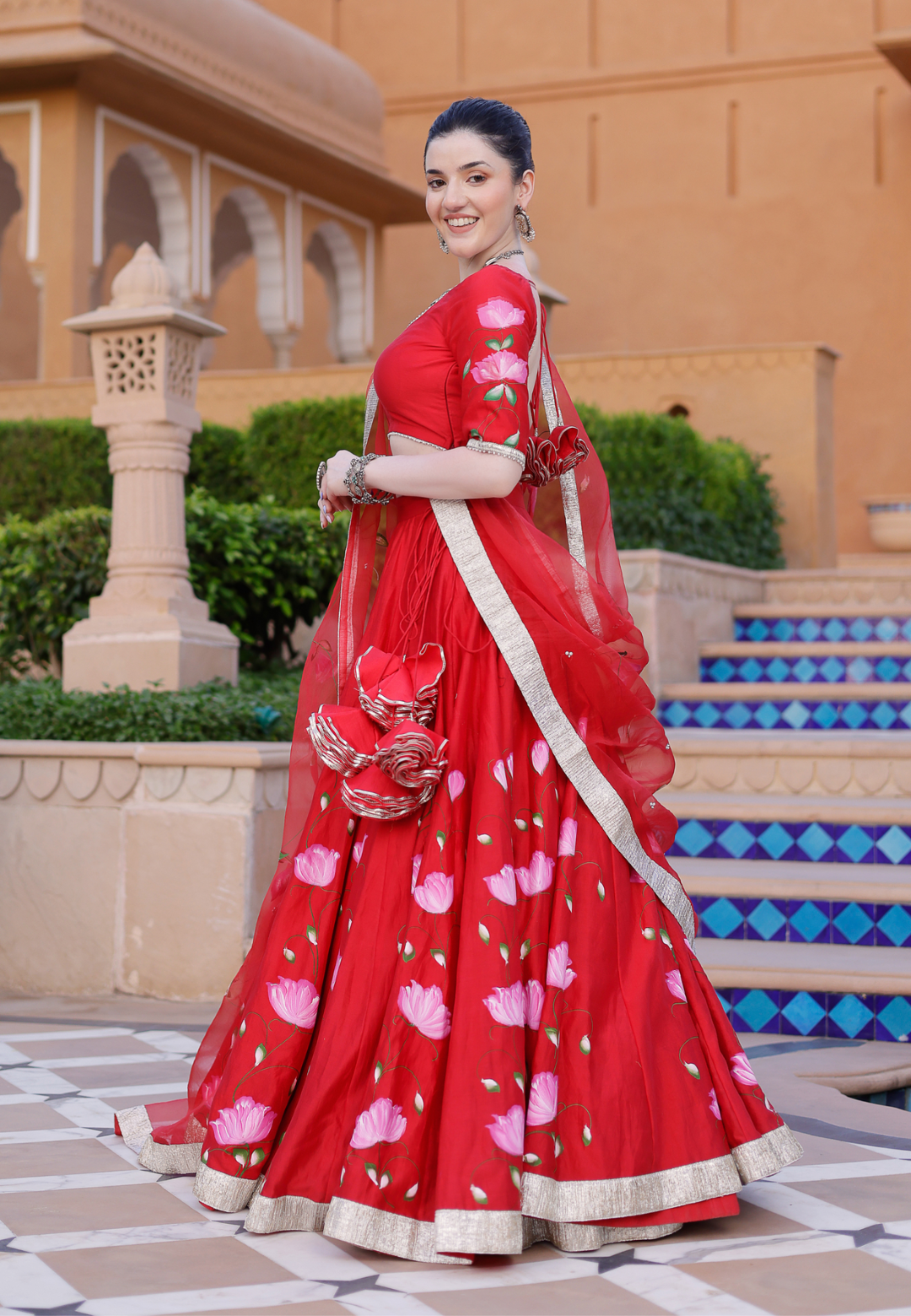 RED MAALINI HANDPAINTED CHANDERI LEHENGA SET