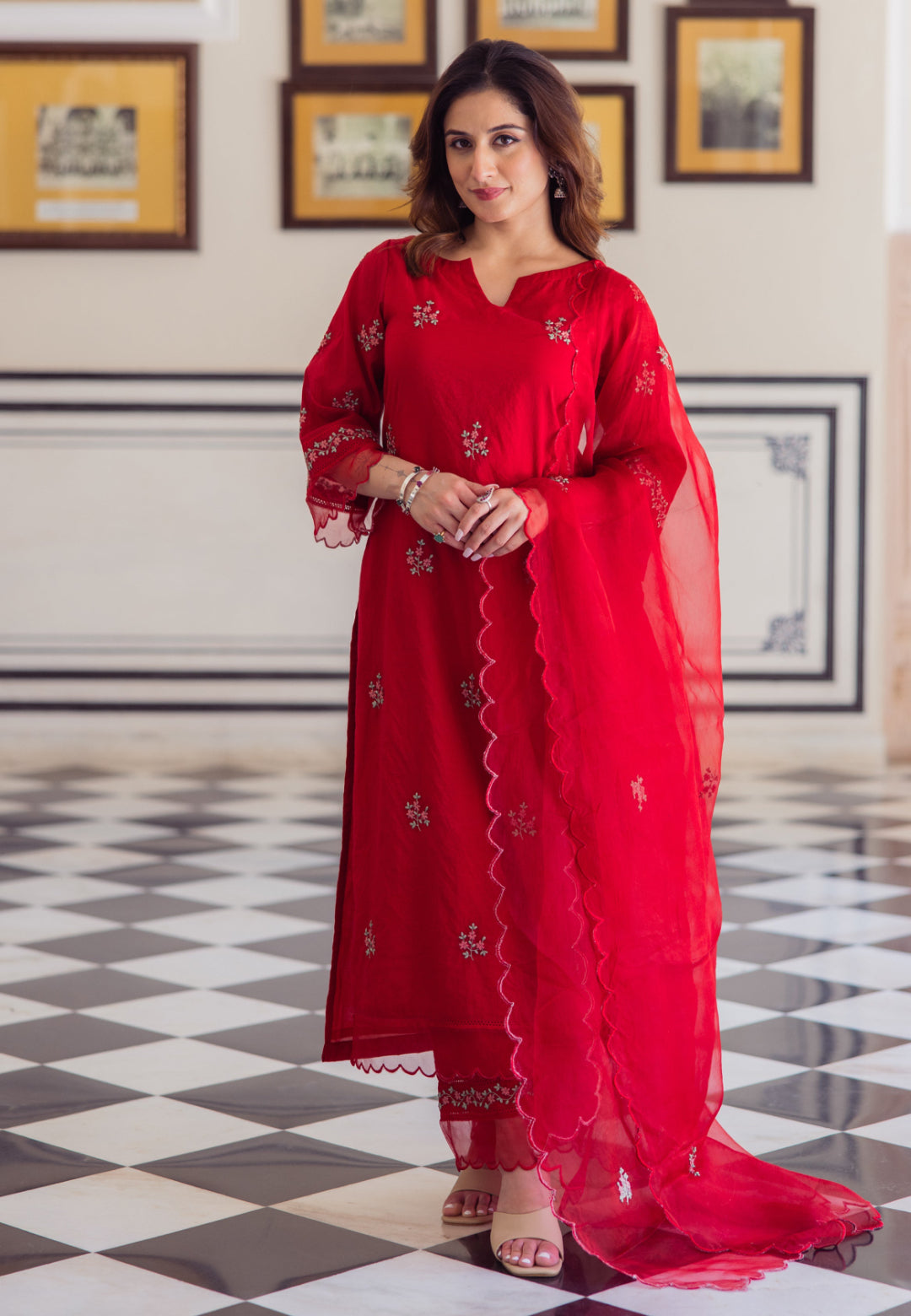 RADHIKA RED EMBROIDERED CHANDERI SUIT SET