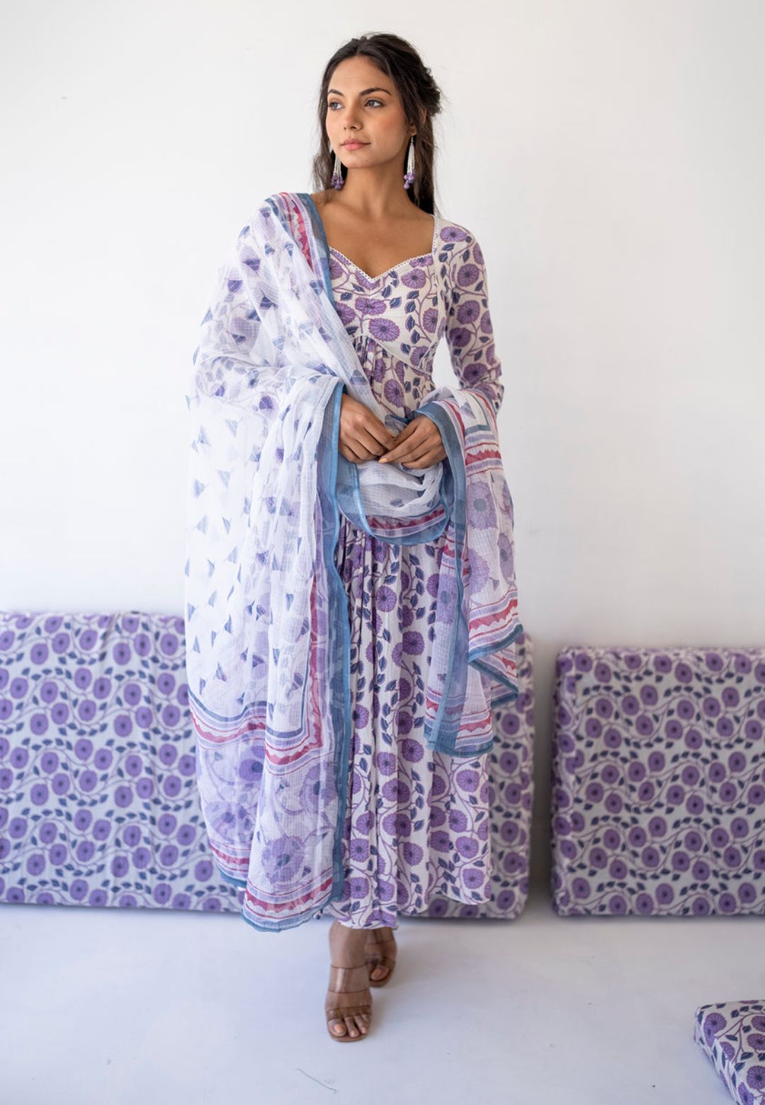 PURPLE WHITE COTTON ANARKALI SUIT SET