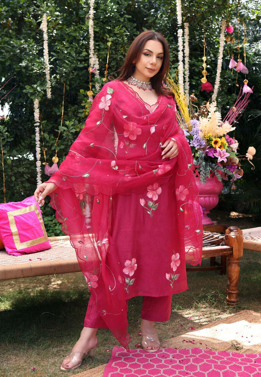 BERRY BLISS MAGENTA HANDPAINTED CHANDERI SUIT SET