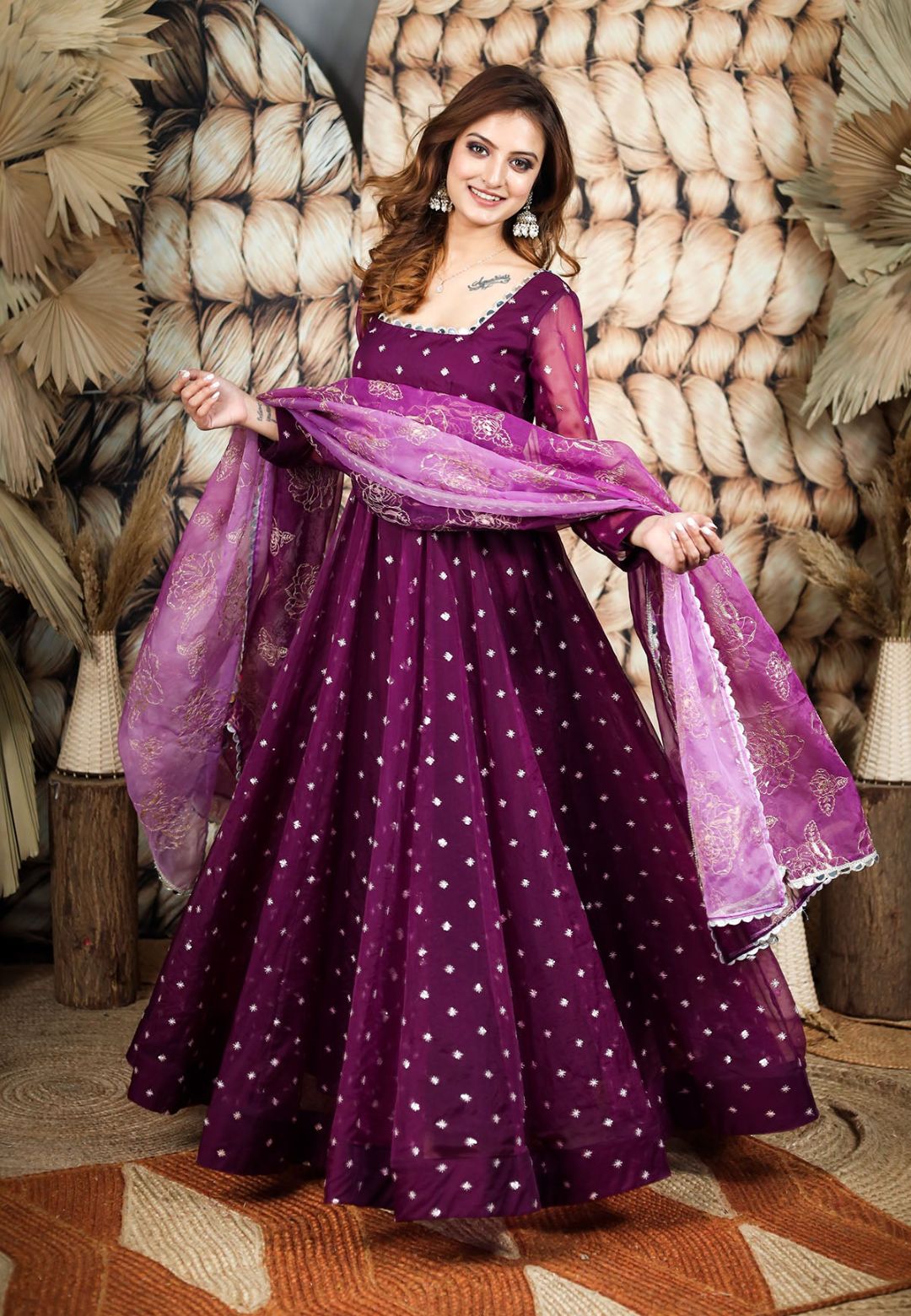 PURPLE ORGANZA MIRROR WORK ANARKALI SET