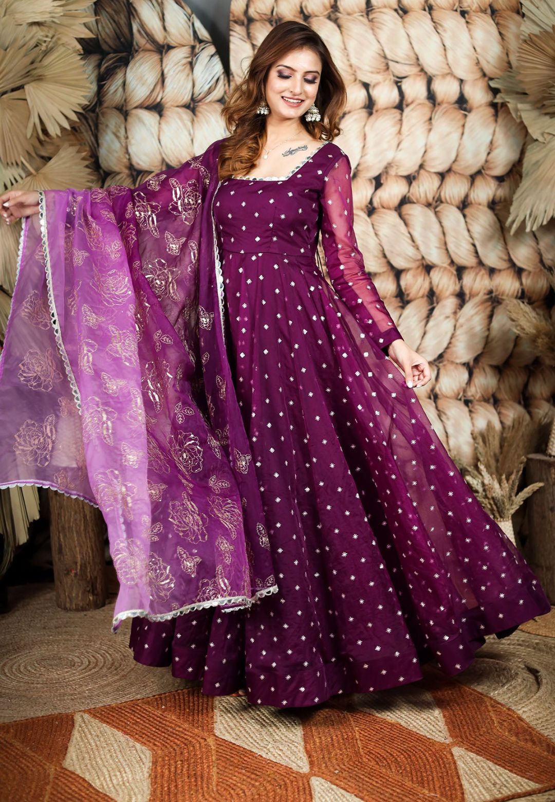 PURPLE ORGANZA MIRROR WORK ANARKALI SET